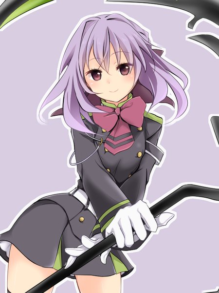 Anime picture 600x800 with owari no seraph wit studio hiiragi shinoa gatakenjin single long hair tall image looking at viewer blush fringe simple background hair between eyes standing holding brown eyes purple hair long sleeves light smile wind grey background