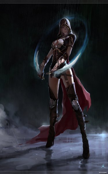 Anime picture 936x1500 with original changming (artist) single long hair tall image looking at viewer light erotic brown hair standing realistic assassin girl weapon hood cloak dagger