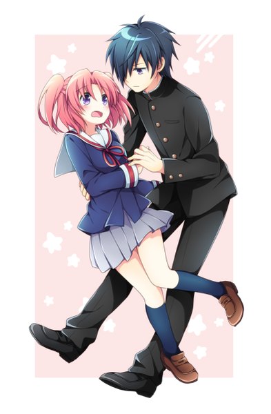 Anime picture 787x1201 with mikakunin de shinkoukei doga kobo yonomori kobeni mitsumine hakuya soranagi tall image blush fringe short hair open mouth black hair purple eyes looking away pink hair hair over one eye two side up couple holding hands girl boy