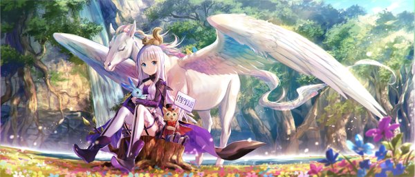 Anime picture 2477x1064 with kenja no deshi wo nanoru kenja mira (kenja) fuzichoco single long hair highres blue eyes wide image sitting white hair waterfall girl thighhighs dress flower (flowers) plant (plants) animal white thighhighs wings tree (trees)