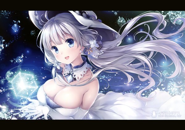 Anime picture 4703x3300 with azur lane illustrious (azur lane) chiyingzai single long hair looking at viewer fringe highres breasts open mouth blue eyes light erotic smile large breasts absurdres cleavage silver hair scan glowing letterboxed