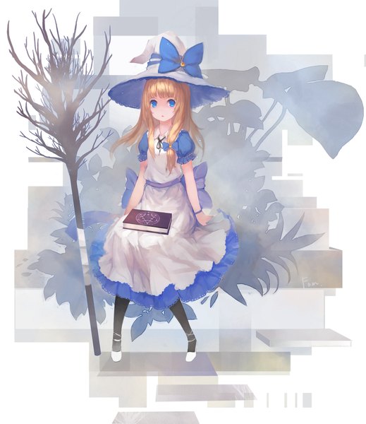 Anime picture 1730x2000 with alice in wonderland touhou kirisame marisa fom (lifotai) single long hair tall image highres blue eyes blonde hair cosplay witch alice (wonderland) (cosplay) girl dress bow plant (plants) book (books) witch hat broom