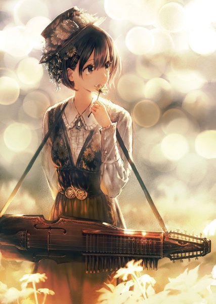 Anime picture 2150x3024 with original garuku single tall image highres short hair black hair standing looking away black eyes arm behind back girl dress flower (flowers) hat musical instrument blouse