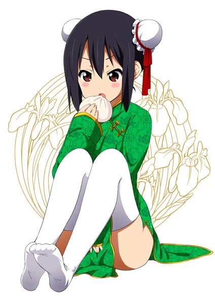 Anime picture 800x1131 with k-on! kyoto animation nakano azusa ragho no erika single tall image blush short hair sitting brown eyes hair bun (hair buns) no shoes floral print chinese clothes eating girl thighhighs dress white thighhighs food