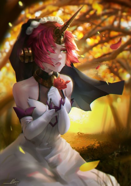 Anime picture 2480x3508 with fate (series) fate/apocrypha frankenstein's monster (fate) alov single tall image highres short hair bare shoulders signed yellow eyes looking away outdoors red hair parted lips horn (horns) wind sunlight kneeling hands clasped