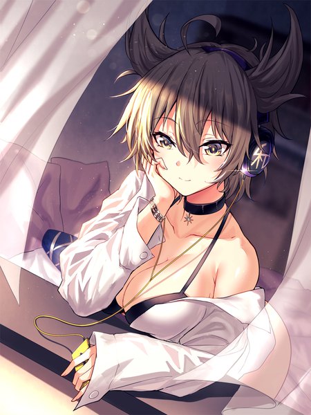 Anime picture 900x1200 with touhou toyosatomimi no miko koissa single tall image blush fringe short hair breasts light erotic smile hair between eyes brown hair large breasts holding brown eyes ahoge indoors long sleeves blurry