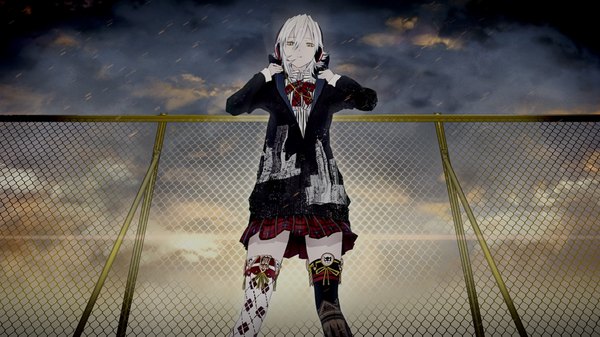 Anime picture 1000x562 with vocaloid gumi tazuma (u283) single looking at viewer fringe short hair hair between eyes wide image standing yellow eyes payot sky cloud (clouds) outdoors white hair pleated skirt light smile open jacket from below