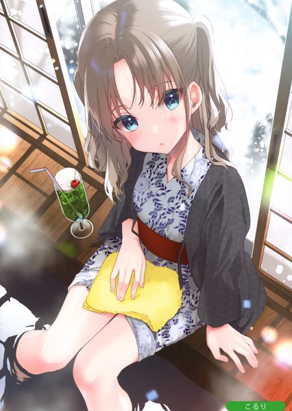 Anime-Bild 2096x2954 mit melonbooks koruri single long hair tall image looking at viewer blush fringe highres blue eyes brown hair sitting signed indoors traditional clothes head tilt japanese clothes from above scan arm support