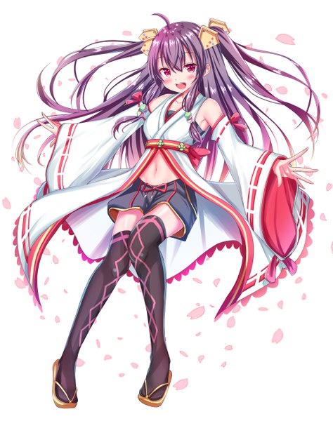 Anime picture 4134x5236 with original tenzeru single long hair tall image looking at viewer blush fringe highres open mouth simple background smile hair between eyes red eyes white background bare shoulders payot absurdres purple hair full body
