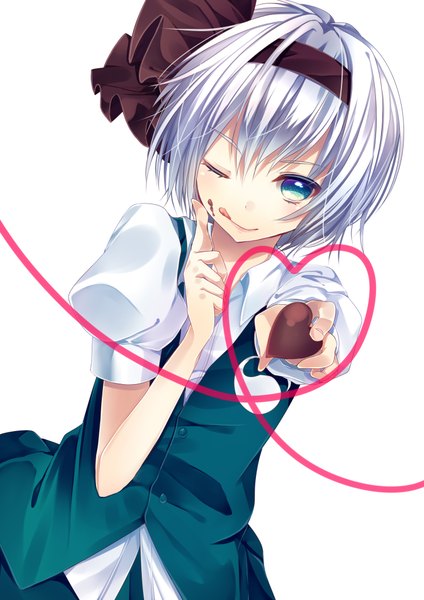 Anime picture 2893x4092 with touhou konpaku youmu kusada souta single tall image looking at viewer fringe highres short hair simple background smile hair between eyes white background green eyes white hair one eye closed wink dutch angle :p valentine