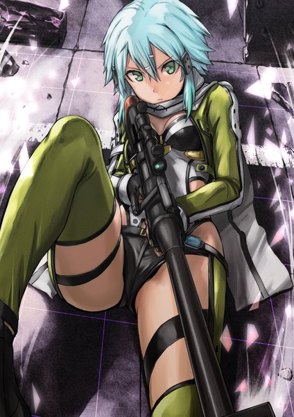 Anime picture 1100x1558 with sword art online a-1 pictures asada shino tea (nakenashi) single long hair tall image looking at viewer sitting green eyes aqua hair girl gloves weapon black gloves jacket shorts scarf gun sniper rifle