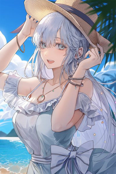 Anime-Bild 800x1200 mit fate (series) fate/grand order anastasia (fate) anastasia (swimsuit archer) (fate) kim eb single long hair tall image looking at viewer fringe open mouth smile hair between eyes standing bare shoulders signed sky silver hair cloud (clouds) outdoors