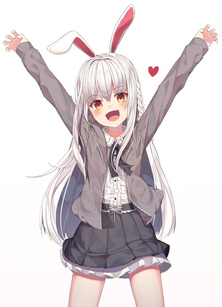 Anime-Bild 1000x1378 mit original sugar (dndi888) single long hair tall image looking at viewer blush fringe open mouth simple background hair between eyes standing white background brown eyes animal ears silver hair braid (braids) long sleeves head tilt :d