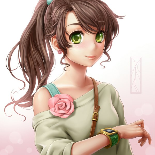 Anime picture 1000x1000 with bishoujo senshi sailor moon toei animation kino makoto kotikomori single long hair blush smile brown hair white background green eyes signed ponytail lips gradient background watermark pink background girl earrings clock