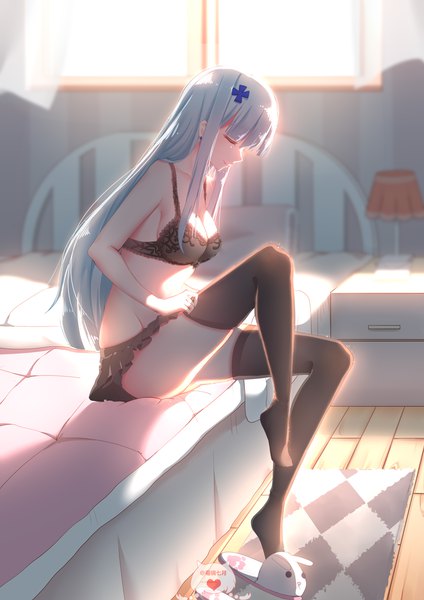 Anime picture 2480x3508 with girls frontline hk416 (girls frontline) moli qiyue single long hair tall image blush fringe highres breasts light erotic large breasts sitting signed cleavage silver hair full body bent knee (knees) indoors blunt bangs