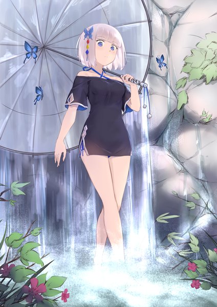 Anime picture 1228x1736 with original jilu single tall image looking at viewer fringe short hair breasts blue eyes standing bare shoulders holding silver hair full body blunt bangs off shoulder mole bare legs short sleeves crossed legs