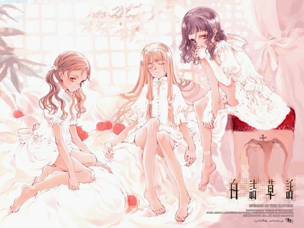 Anime picture 1024x768 with shirotsume souwa littlewitch touka (shirotsume souwa) ema (shirotsume souwa) sayu (shirotsume souwa) oyari ashito looking at viewer fringe blonde hair hair between eyes brown hair sitting twintails multiple girls payot full body indoors blunt bangs eyes closed barefoot