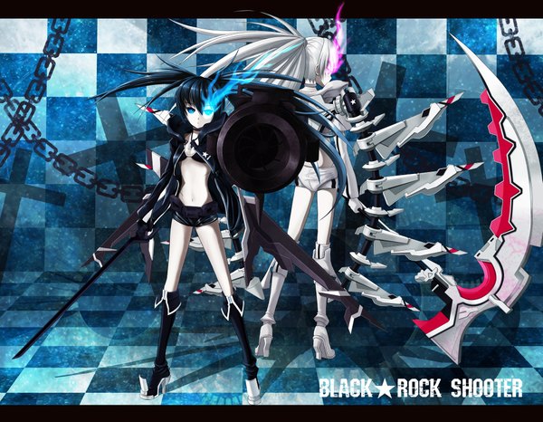 Anime picture 1929x1500 with black rock shooter black rock shooter (character) white rock shooter shinebell long hair highres black hair twintails multiple girls white hair midriff glowing glowing eye (eyes) girl navel weapon 2 girls sword shorts boots