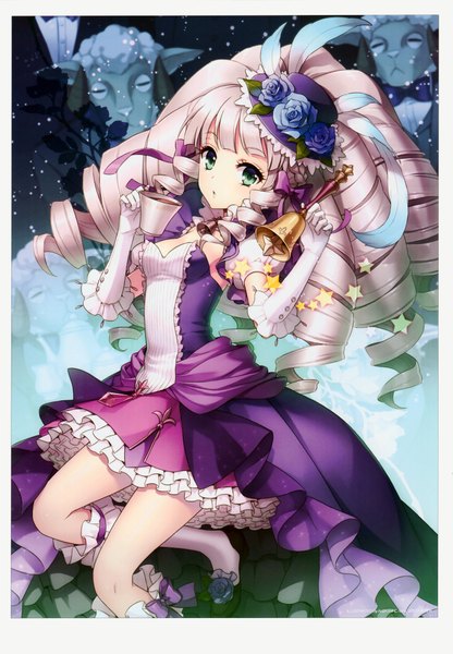 Anime picture 1441x2078 with original an2a single long hair tall image looking at viewer fringe open mouth green eyes pink hair scan curly hair girl dress gloves flower (flowers) bow hair bow hat animal