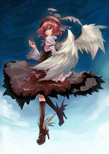 Anime picture 1240x1753 with touhou mystia lorelei realmbw single tall image short hair red eyes animal ears red hair nail polish fingernails long fingernails girl dress wings