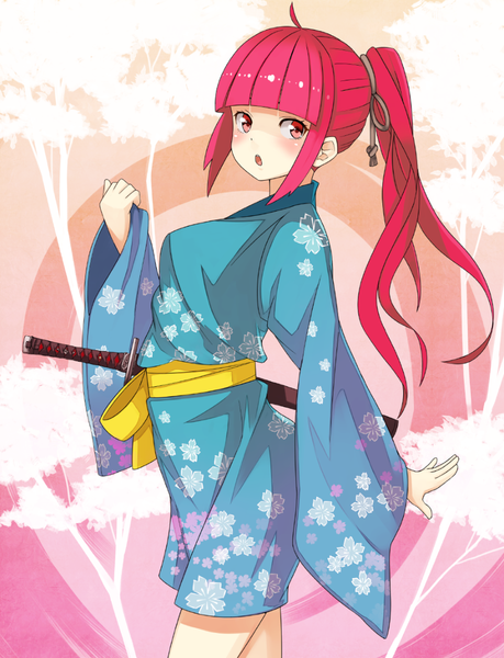 Anime picture 900x1177 with original nosuku single long hair tall image blush fringe open mouth red eyes standing looking away pink hair ahoge ponytail traditional clothes japanese clothes floral print girl weapon sword