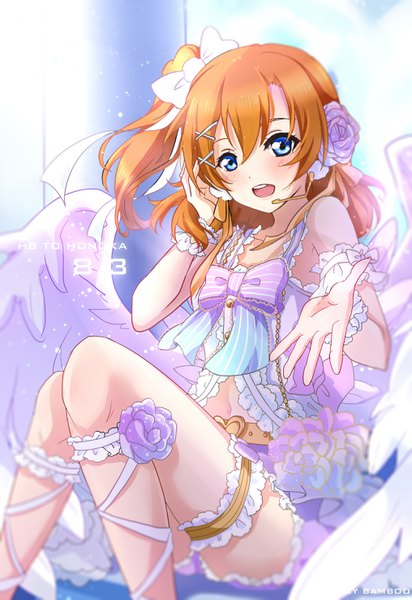 Anime picture 2031x2952 with love live! school idol project sunrise (studio) love live! kousaka honoka bamboo (akimotoaki) single tall image looking at viewer blush fringe highres short hair open mouth blue eyes smile hair between eyes sitting signed bent knee (knees) :d