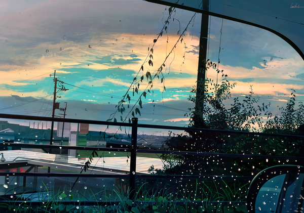 Anime picture 3840x2700 with original banishment highres signed absurdres sky cloud (clouds) no people landscape plant (plants) water drop power lines pole