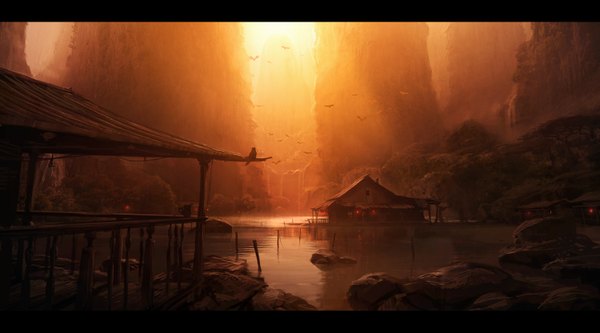 Anime picture 1500x833 with original andreewallin (artist) wide image sunlight evening sunset letterboxed mountain no people landscape scenic waterfall lake plant (plants) animal tree (trees) water bird (birds) house