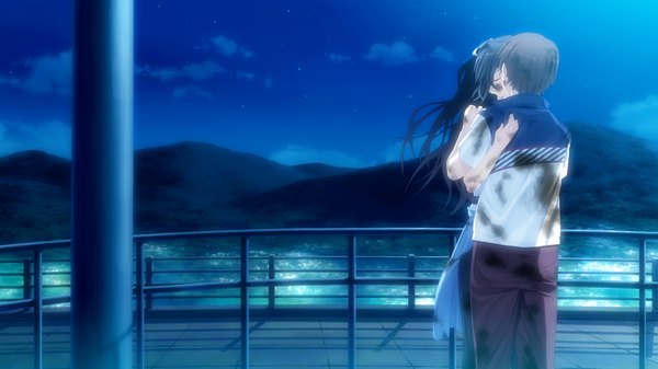 Anime picture 1024x576 with suigetsu 2 long hair short hair black hair wide image game cg ponytail eyes closed night couple hug kiss girl boy