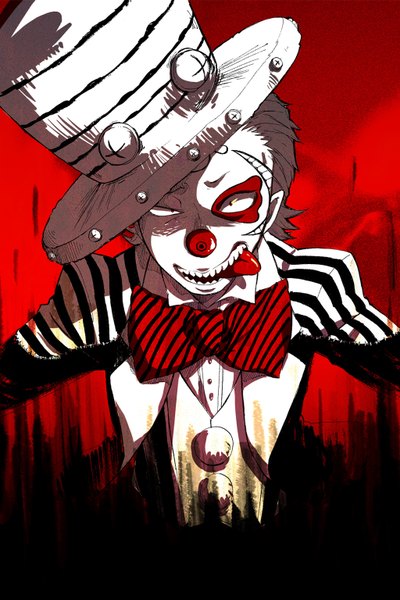 Anime picture 1024x1536 with oumagadoki zoo (manga) michinoke pnd (pixiv) single tall image teeth striped red background sharp teeth face paint clown boy tongue bowtie top hat