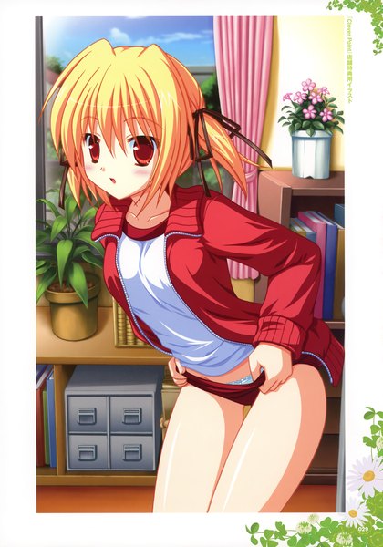 Anime picture 2453x3500 with clover point takanashi yaya yuyi single tall image blush highres short hair open mouth light erotic blonde hair red eyes twintails sky cloud (clouds) long sleeves scan open clothes open jacket bare legs