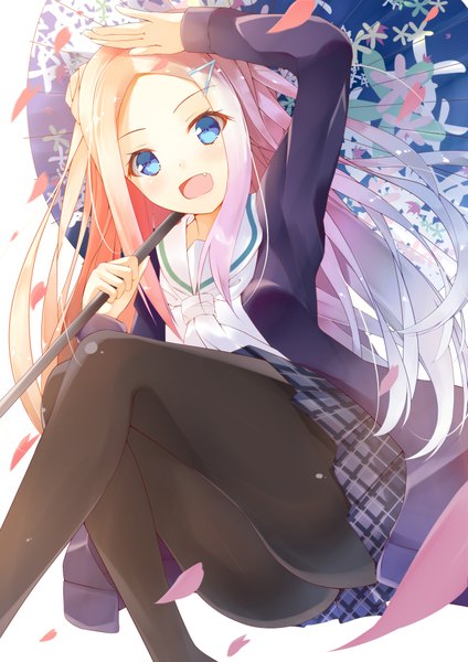 Anime picture 2893x4092 with hanayamata madhouse hana n. fontainestand tsuzaki tsunomi single long hair tall image looking at viewer blush highres open mouth blue eyes light erotic blonde hair teeth fang (fangs) girl skirt uniform hair ornament