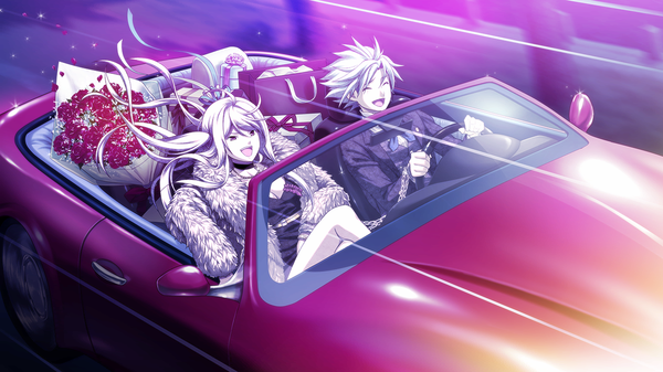 Anime picture 1280x720 with disorder 6 joe (disorder 6) shiina (disorder 6) long hair short hair open mouth red eyes wide image game cg silver hair white hair eyes closed girl boy flower (flowers) jacket ground vehicle bouquet car convertible
