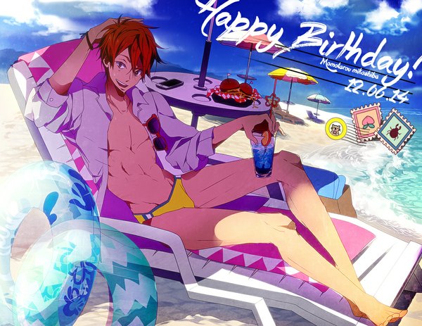 Anime picture 1000x773 with free! kyoto animation mikoshiba momotarou mono (freerotary) single looking at viewer short hair red eyes sky cloud (clouds) red hair parted lips open clothes open shirt beach dated arm behind head reclining happy birthday boy