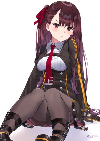 Anime picture 2605x3684 with girls frontline wa2000 (girls frontline) takubon single long hair tall image looking at viewer blush fringe highres breasts light erotic simple background hair between eyes red eyes white background sitting signed purple hair braid (braids)