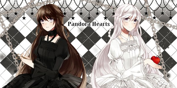 Anime picture 1400x700 with pandora hearts xebec alice (pandora hearts) will of the abyss shirashima yuri long hair looking at viewer blush black hair smile wide image multiple girls white hair braid (braids) siblings silver eyes checkered sisters checkered background girl