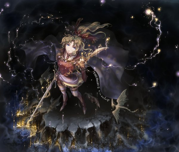 Anime picture 1024x871 with final fantasy final fantasy vi dissidia final fantasy square enix tina branford s (tk08) long hair blonde hair purple eyes ponytail looking up girl ribbon (ribbons) weapon hair ribbon sword jewelry cloak dragon dagger