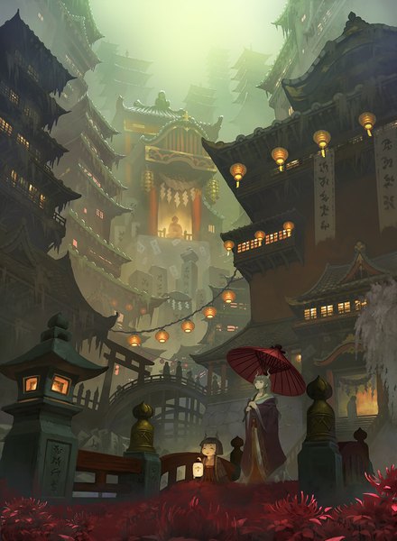 Anime picture 1067x1455 with original doora (dora0913) long hair tall image short hair black hair multiple girls horn (horns) green hair scenic architecture east asian architecture girl flower (flowers) 2 girls umbrella oriental umbrella stone (stones) people higanbana