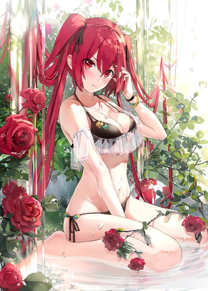 Anime picture 2150x3000 with original ttorong single long hair tall image looking at viewer blush fringe highres breasts light erotic hair between eyes red eyes large breasts sitting twintails payot cleavage full body red hair