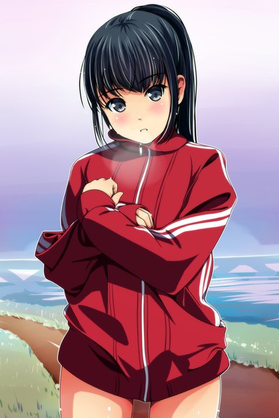 Anime picture 800x1200 with original matsunaga kouyou single long hair tall image looking at viewer blush black hair black eyes girl uniform gym uniform track jacket