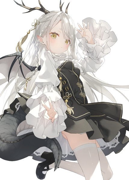 Anime-Bild 1144x1600 mit original kani biimu single long hair tall image looking at viewer blush breasts light erotic simple background standing white background yellow eyes payot silver hair ass tail long sleeves horn (horns) pointy ears