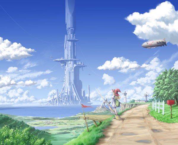 Anime picture 1300x1060 with original eichikei (hakuto) blonde hair sky cloud (clouds) landscape girl hat witch hat broom aircraft road tower dirigible