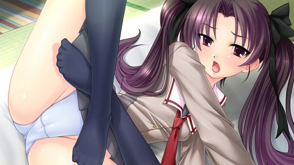 Anime picture 1024x576 with manbiki, dame. zettai! (game) long hair open mouth light erotic wide image twintails purple eyes game cg girl thighhighs underwear panties black thighhighs serafuku