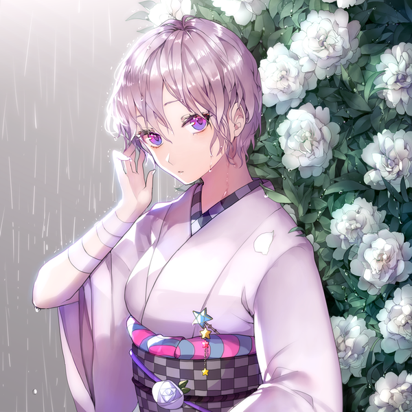 Anime picture 1200x1200 with original ayatoki-1 single looking at viewer fringe short hair hair between eyes purple eyes purple hair traditional clothes parted lips head tilt japanese clothes wet rain girl flower (flowers) plant (plants) petals obi