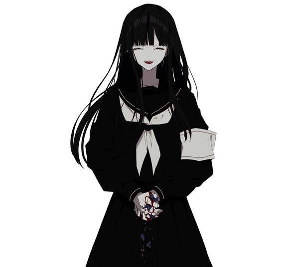 Anime picture 1450x1296 with original asa (memento) single long hair fringe open mouth simple background smile standing white background blunt bangs eyes closed monochrome ^ ^ hands clasped interlocked fingers ^o^ injury cuts girl
