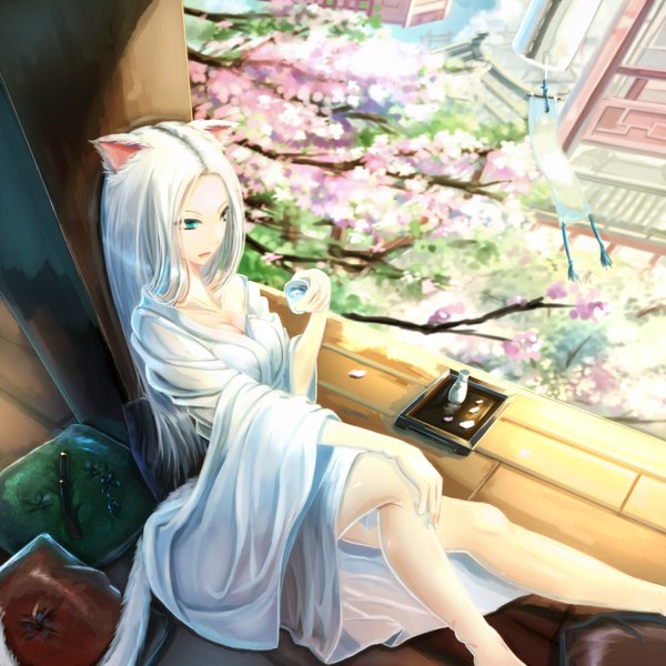 Anime picture 2000x2000 with original kikivi long hair highres open mouth blue eyes animal ears white hair tail traditional clothes japanese clothes animal tail cat ears cat girl cat tail cherry blossoms girl plant (plants) petals tree (trees)