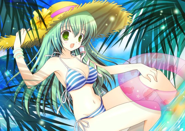 Anime picture 1300x919 with touhou kochiya sanae tagme (artist) long hair blush smile green hair beach girl swimsuit hat bikini striped bikini