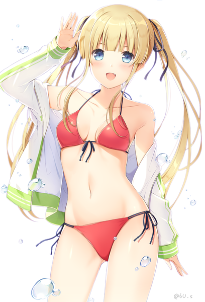 Anime picture 600x882 with saenai heroine no sodatekata a-1 pictures sawamura spencer eriri 6u (eternal land) single long hair tall image blush fringe breasts open mouth blue eyes light erotic blonde hair white background twintails signed :d off shoulder open jacket