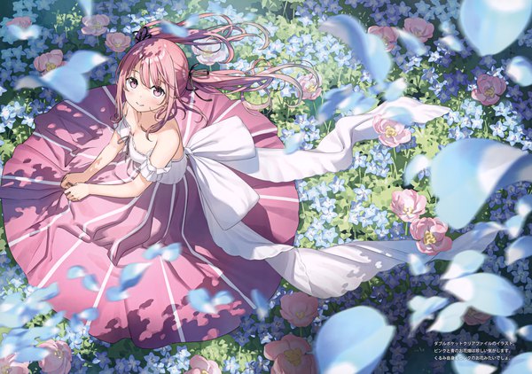 Anime picture 4999x3515 with original kurumi (kantoku) kantoku single long hair looking at viewer blush fringe highres breasts smile sitting twintails payot pink hair absurdres outdoors pink eyes from above wind