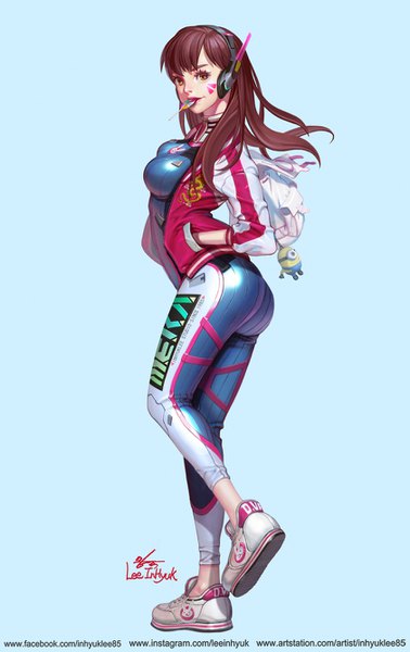 Anime picture 842x1334 with despicable me overwatch blizzard entertainment d.va (overwatch) minion (despicable me) in-hyuk lee single long hair tall image looking at viewer fringe breasts light erotic simple background brown hair large breasts standing holding brown eyes signed